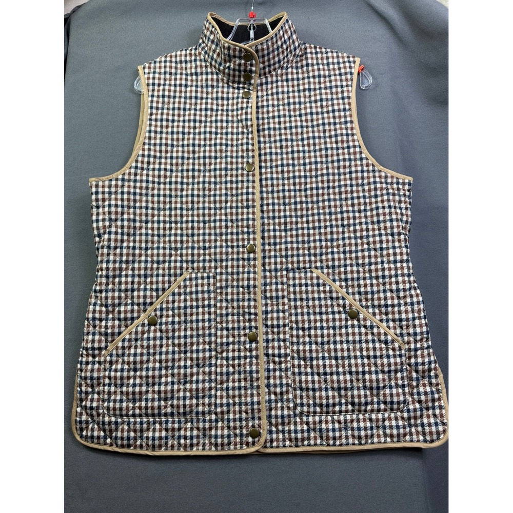 Lands' End Women Medium Quilted Primaloft Vest Brown Navy Check Plaid Snap Front - Picture 9 of 11